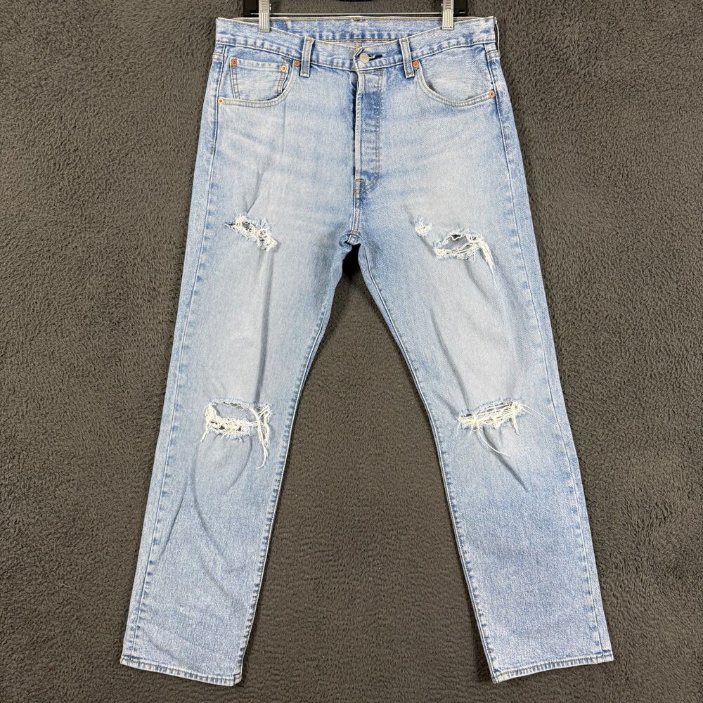 Levis 501 Jeans Mens 34x32 Blue Straight Fit Lot 93 Light Wash Destroyed Denim